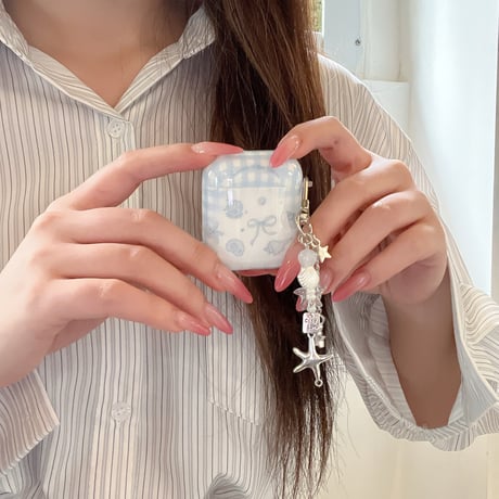 ブルーリボン柄 Airpods Pro3ケース 貝殻キーホルダー Airpods 4/3カバー  AirpodsPro2/1  大人可愛い[M6297]