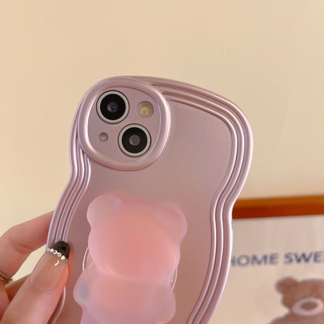 熊さんグリップ iphone14/14proケース  ローズゴールド色 iphone13/12/11カバー 波紋枠 落下防止 滑りにくい[M2566]