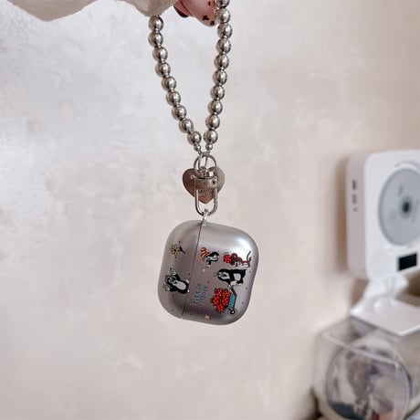 メッキ AirpodsPro3ケース 高級感シルバー Airpods4/3カバー AirpodsPro第2/1世代 ビーズストラップ ギフトに最適[M6479]