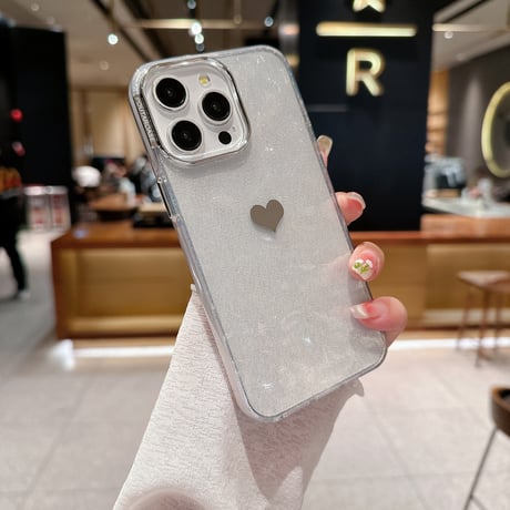ハート柄 iPhone15Pro/16plusカバー シェル風/ラメ入り 透明アイフォン14プロ/13/12ケース きれい 黄ばまない[M4417]