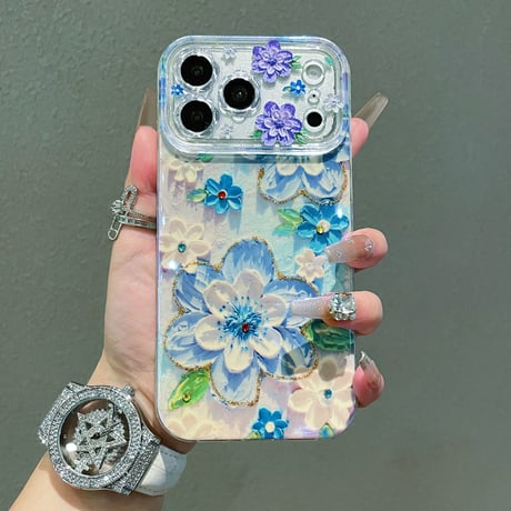 油絵花 iPhone17Pro/17ケース ダイヤデコライン iPhone17Promax/16Pro/15ケース かわいい 春夏向け[M6155]