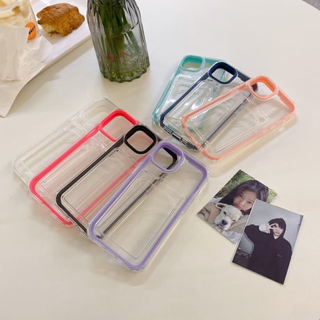 【iPhone15対応】カラー枠カード入れ付 iphone14/13promaxカバー  写真/メモ収納クリアアイフォン11/12miniケース  耐衝撃  頑丈 シンプル   M1094