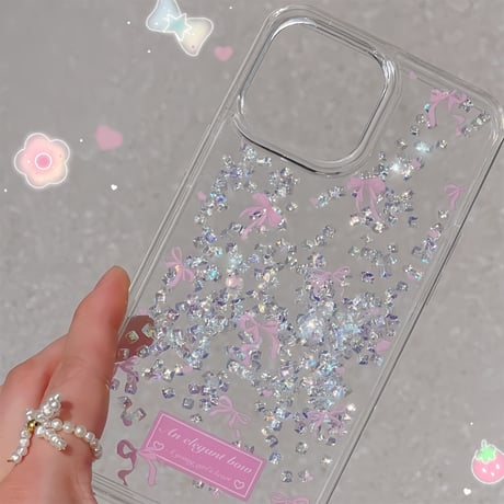 動くダイヤ入り iphone15/15proケースリボン柄 iphone14/13/12/11カバー かわいい きれい 女子力アップ [M3786]