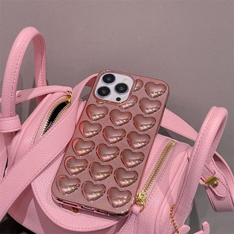 立体ハート iPhone16/16Proケース おしゃれ ローズゴールド/シルバー iPhone15Pro/14/13Proカバー 女子力高い  [M4598]