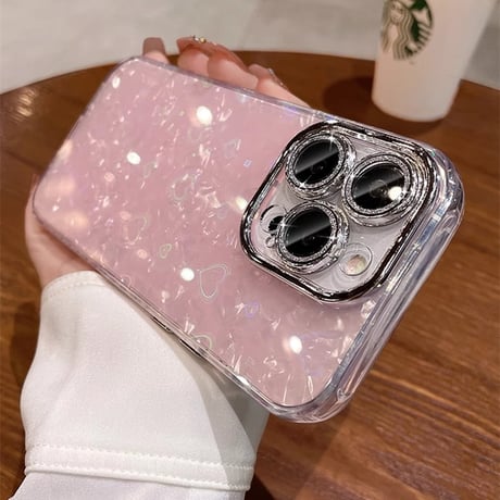 シェル風ハート柄 iPhone16/15proケース キラキラ レンズ保護 iphone14/13/12proカバー 女子力上がる 存在感抜群[M3635]
