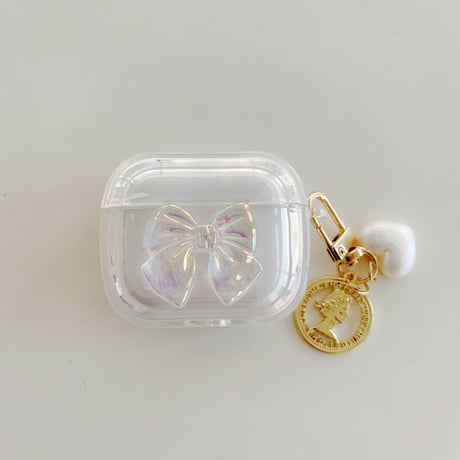 【Airpods4】キラキラリボン AirpodsPro2ケース ハートアクセサリー付 airpods3/2/1ケース  かわいい 耐衝撃クリアケース ギフトにおすすめ[M3073]