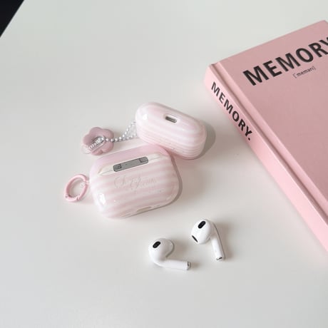 ピンク Airpods Pro3ケース 縞模様 Airpods4/3カバー pro2/pro1 リング/花キーホルダー かわいい[M6539]