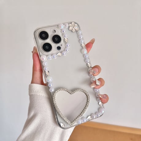 パールデコiPhone16pro/16ケース ハートミラー/蝶 iPhone15/14pro/13proクリアケース 女子力高い 可愛い [M5113]