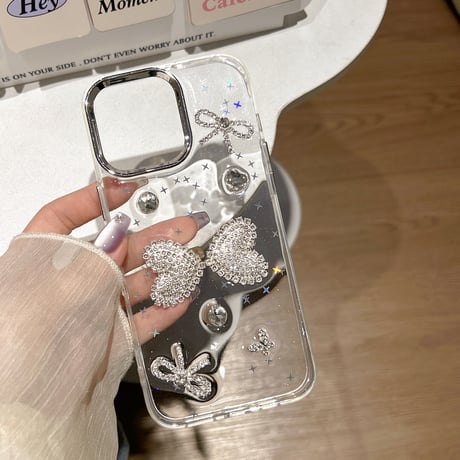 ダイヤリボン iPhone16pro/16ケース 透明 キラキラ iPhone15plus/14/13pro/12カバー 大人可愛い ハンドメイド[M5459]