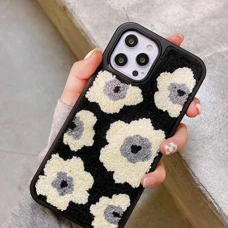 刺繍花柄 iphone13/13proカバー  黒白系 アイフォン12/11proカバー  可愛い 温かい  キュート SNS人気品 Girls向けM1332
