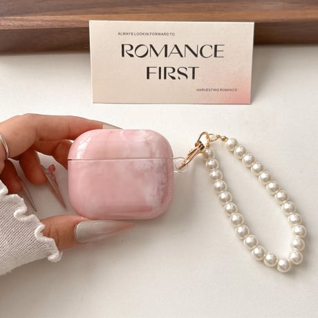ピンクシェル柄 Airpods4ケース パールストラップ AirpodsPro2ケース airpods3/2カバー  大人可愛い 艶感 [M5261]