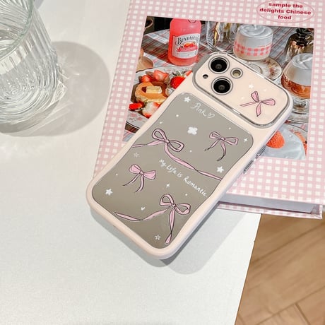 韓国風 鏡 iPhone15/15proケース リボン柄 アイフォン14/13pro/12ケース かわいい 女子力アップ[M4426]