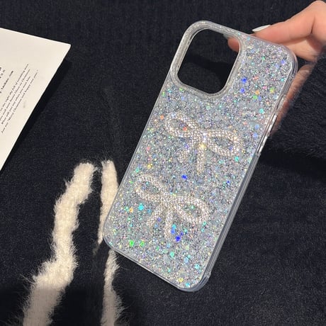 キラキラリボン iPhone16/16proケース グリッター iPhone15Pro/14/13proカバー 可愛い 女子力アップ [M5011]