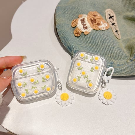 草花 Airpods 4ケース ラメ入り 透明 Airpods3/2カバー Airpodspro2/pro  花キーホルダー付き 女子力高い[M5038]