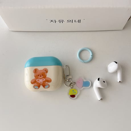 熊 Airpods 4ケース リボン柄 Airpods3/2カバー Airpodspro2/pro リング/キノコキーチェーン めっちゃ可愛い[M4999]