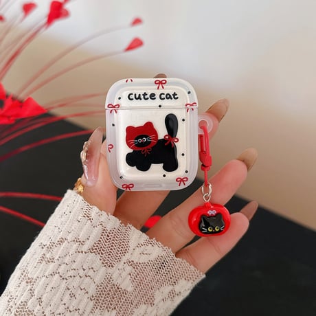 cute cat AirpodsPro3ケース リボン柄 エアポッズ4/3  AirpodsPro2/Proカバー  リング/猫キーホルダー ギフトにおすすめ [M6015]