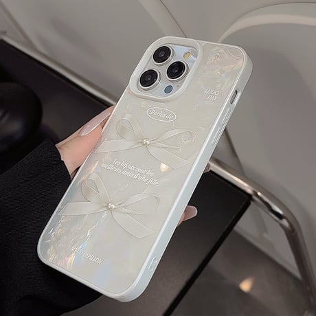 シェル風 iPhone15/15proケース リボン柄 立体パール iPhone14/13pro/12ケース かわいい きれい 女子力UP[M4003]