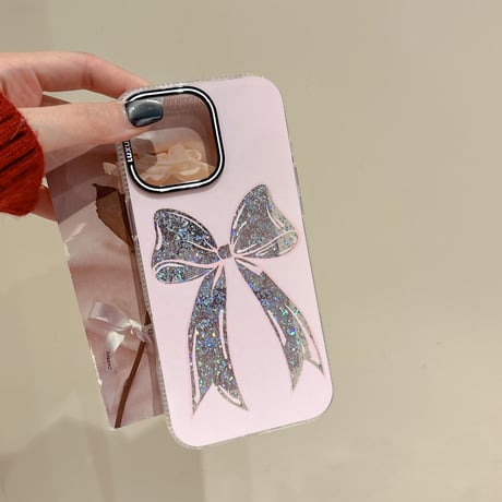 ラメリボン iPhone16pro/16ケース キラキラ ピンク iPhone15pro/14/13promaxケース おしゃれ 女子力UP [M5057]