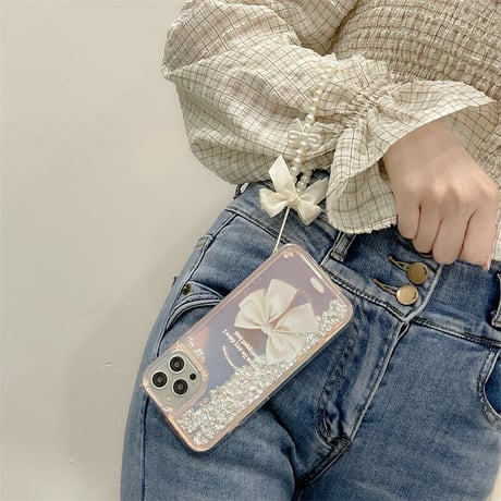 リボンスマホストラップ オシャレ 真珠デコ かわいい 使いやすい ギフトにおすすめ[M2838]