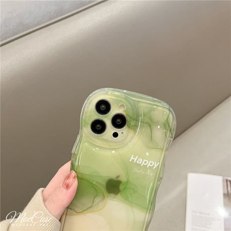 抹茶グリーン暈し染め iPhone13/14カバー Happy高級感 iphone12pro/11ケース  可愛い 透明感 頑丈 波紋枠 落下防止 [M2881]