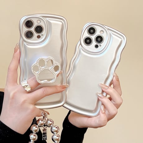 猫の手ミラーグリップ iPhone14/13proケース シルバーストラップ付 iPhone12pro/11/XSカバー 波紋枠 オシャレ スタンド 多機能[M2801]