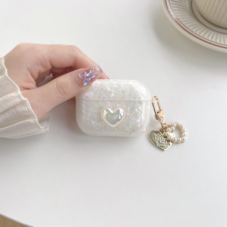 【Airpods4】キラキラハート AirpodsPro2ケース 貝殻紋 airpods3/2/1ケース  オシャレハートアクセサリー付 ソフト ギフトに最適 [M2595]