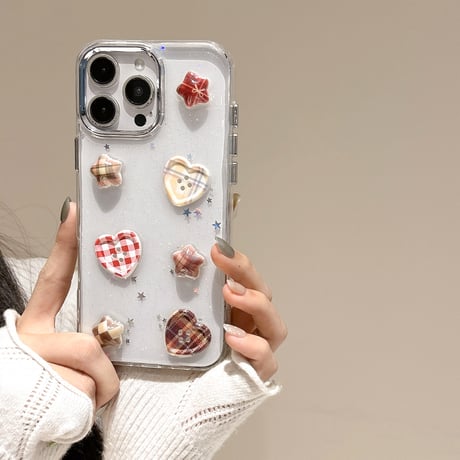 ハートボタン iPhone16/16Proケース ラメ入り 透明 iPhone15/14/13/12Proカバー トレンド 女子力高い [M5024]
