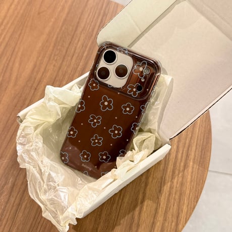 ブラウン 花柄 iPhone17Pro/17ケース 艶感 iPhone17ProMax/16Pro/15カバー  オシャレ 韓国っぽ[M6082]