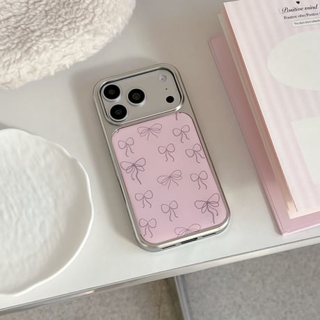 リボン柄 iPhone17/17Proケース ピンクカラー iPhone16Pro/15ProMax/14カバー キュート 女子力高い[M5914]