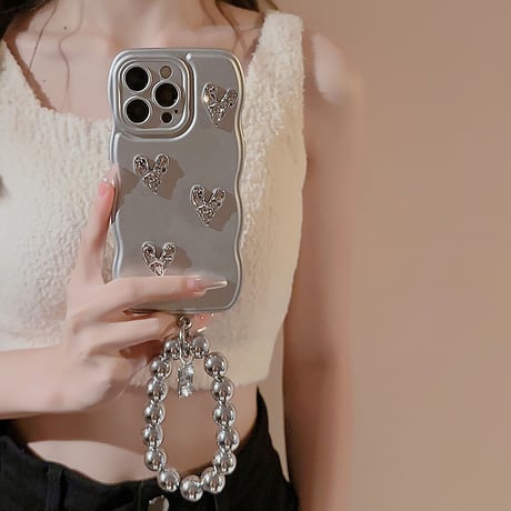 シルバー iphone14/13proケース ハートデコ 持ち手リング付 かわいい 女子力アップ[M3454]