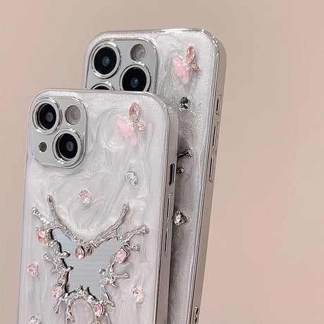 蝶ミラー iPhone16Pro/16ケース 宝石デコ iPhone15pro/14/13/12カバー カメラ保護 おしゃれ [M4710]