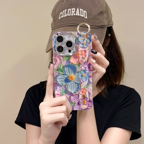 ベルト付 花柄 iPhone15Pro/15promaxカバー キラキラおしゃれ アイフォン14プロ/13/12ケース 光る [M4382]