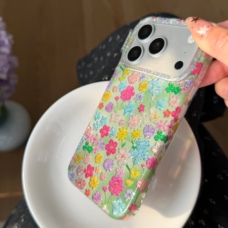 キラキラ花柄 iPhone17Pro/17ケース きれい iPhone17Promax/16Pro/15ケース かわいい 光沢感 春夏コーデ[M6197]