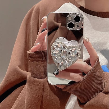 ハートダイヤグリップ iPhone15/15proケース  ミラー iPhone14/13pro/12ケース 女子力アップ オシャレ 便利[M3906]
