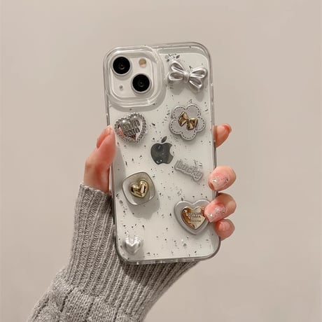 リボン/ハートデコ iPhone15/16proケース ストラップ付 グリッター入り iPhone14/13pro/12ケース  かわいい キラキラ[M3867]