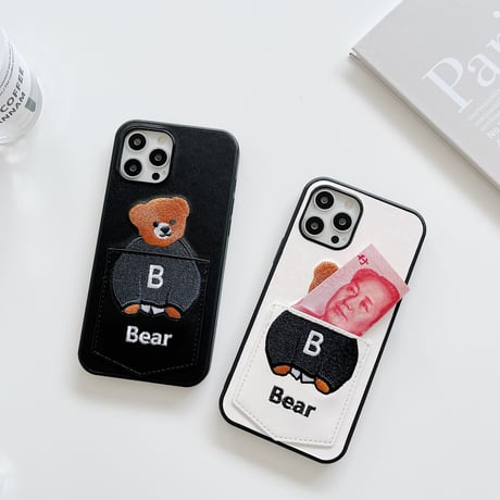 カード収納 iphone14Plus/13promaxケース 刺繡入りクマちゃんiphone12mini/11保護カバー  カップルお揃い 皮製 高品質[M2154]