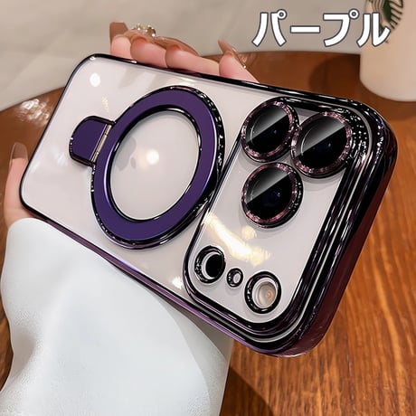 iPhone17Pro/16ProMaxケース MagSafeリングスタンド iPhone15Pro/14/13ケース レンズカバー 黄ばまない [M4641]