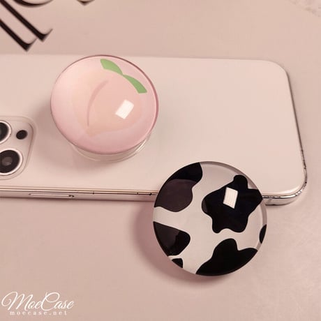クリスタル スマホグリップスタンド イチゴ/ピーチ/黒花/牛柄 かわいい 粘着タイプ キラキラ 全機種対応 オシャレ トレンド[M3107]