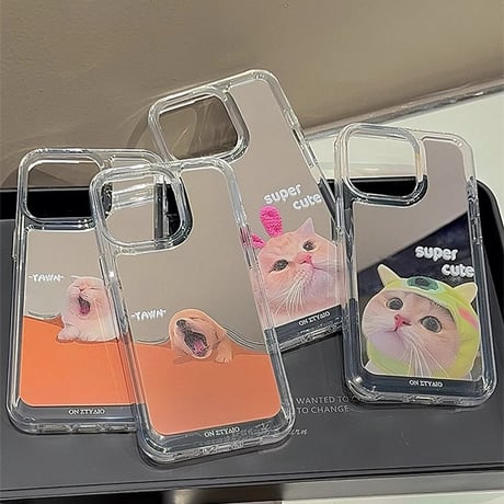猫 ミラーiPhone15/15proケース  丈夫 iPhone14pro/13/12カバー 可愛い 丈夫[M4175]