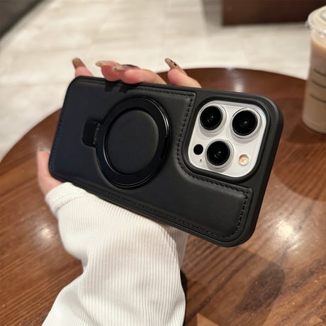 レザー MsgSafeリング iPhone15Pro/15ProMaxケース スタンド 耐衝撃 iPhone14Pro/13/12カバー 多機能便利[M3868]