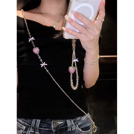 ジュエリーイチゴ ストラップ 高級感 ショルダーチェーン 女子力アップ バックチャーム キラキラ 大人可愛い 取り付け外し簡単[M5308]