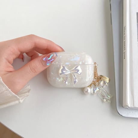 【Airpods 4】キラキラリボン AirpodsPro2ケース 貝殻紋 airpods3/2/1ケース  オシャレリボンアクセサリー付 ソフト ギフトに最適 [M2676]