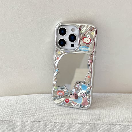 犬ちゃんミラー iPhone16pro/16ケース シルバー iPhone15pro/14/13promaxカバー 大人可愛い メイク直し鏡[M5522]