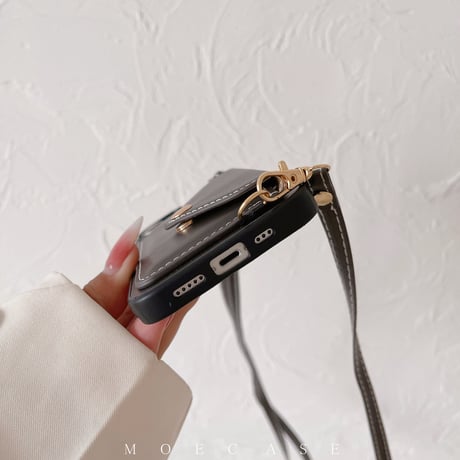 カードポケット付 アイフォン14/15ケース レザー iPhone13/12/11proカバー 長さ調整可ストラップ 高級感 便利 ファッション[M2815]