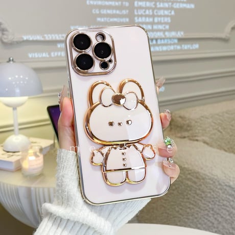 兎ミラースタンド  iPhone14/15Proケース  かわいい 多機能 メッキ アイフォン13/12mini/11proカバー オシャレ ギフトにおすすめ[M2701]