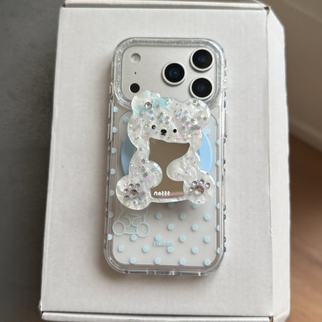 鏡を持ったクマちゃんグリップ iPhone17pro/17ケース MagSafe対応 iPhone16/15promax/14ケース かわいい 多機能便利[M6284]