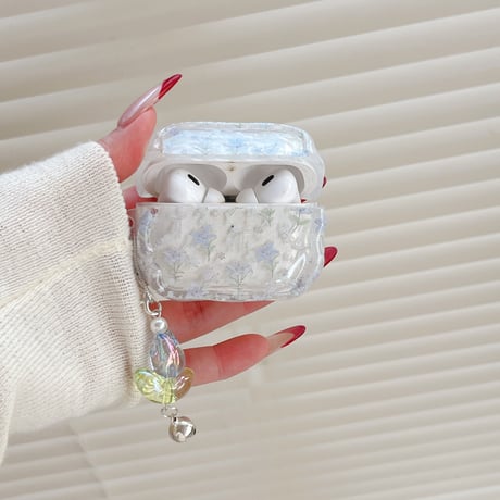 草花柄 Airpods Pro3ケース 淡色系 Airpods 4/3カバー AirpodsPro2/1  キーホルダー付き 春コーデ [M6132]