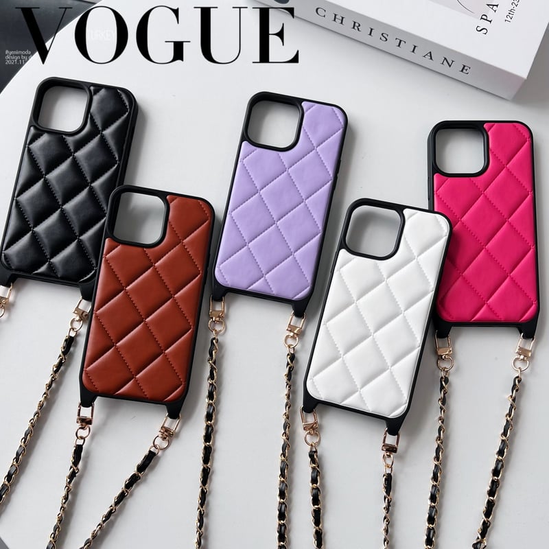 ぽんすけ♡iPhoneケース15 黒♡キルティングレザー♡ショルダータイプ ショルダー付き キルティング レザー iPhoneケース 5色