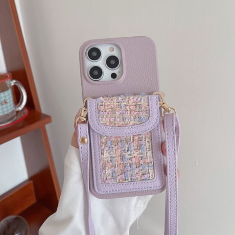 セレブ愛用 iPhone14/14proケース カード入れ付 ツイード生地 アイフォン13/12/11カバー 肩掛けストラップ 可愛い 実用 超人気 [M2617]