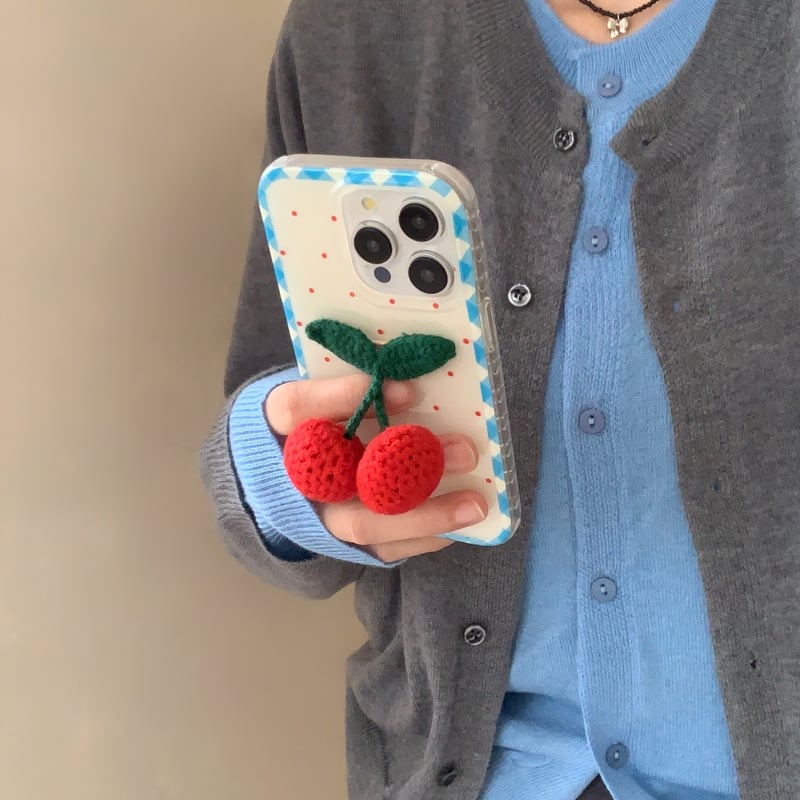 ニットサクランボ iPhone16Pro/16ケース 韓国風 水玉模様
